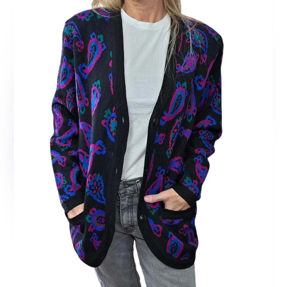 Vintage Charter Club Paisley Cardigan Wool Blend 90s Y2K Longline Sweater M - Picture 3 of 8